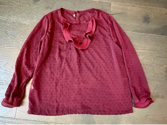 Generic Swiss Dot Ruffle Top Burgundy Blouse