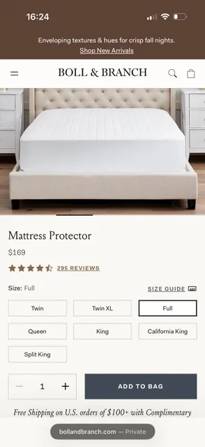 Boll & Branch Mattress Protector Full Size White Organic Cotton