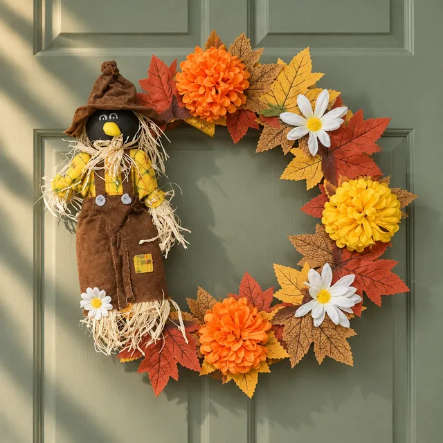 15” Thin, Lightweight Fall Scarecrow Wreath | Creations By Loren 