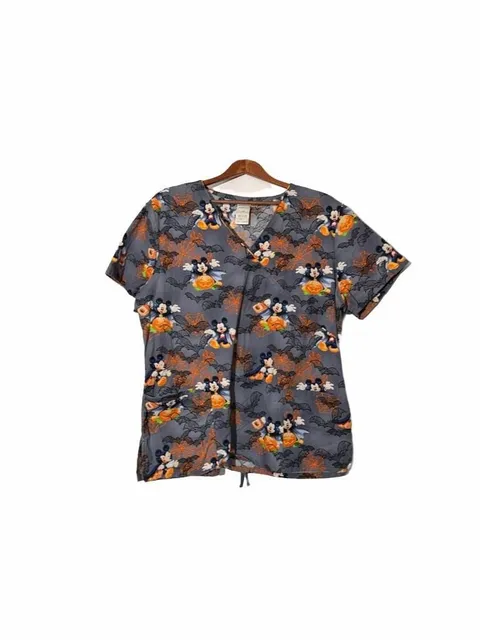 Disney Mickey Mouse Halloween Scrub Top Size L Grey Vampire Pumpkin Bats