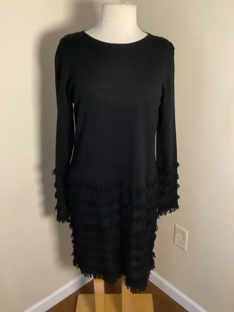 Trina Turk Black Fringe Long Sleeve Dress Size L