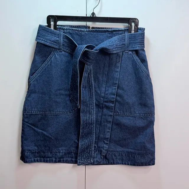 cabi Denim Skirt Size 0 Blue Tie Waist Belted Pocket Mini Skirt