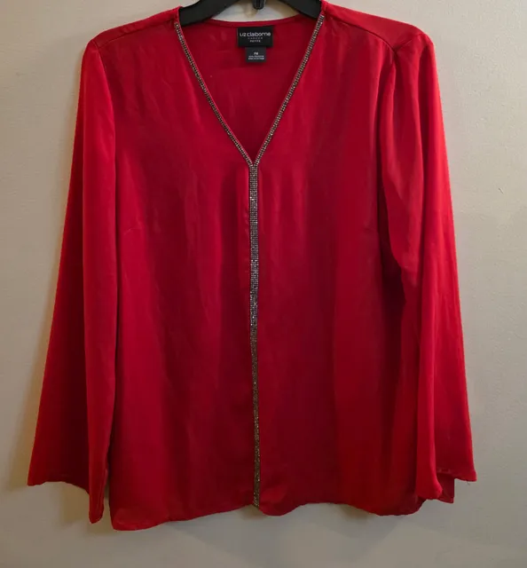 Liz Claiborne Blouse Size PM Red Rhinestone Trim Long Sleeve