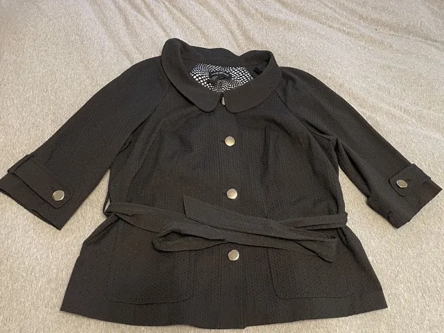 Lane Bryant Belted Jacket Size 18 Black Textured Polka Dot Lining
Pea coat
Fall