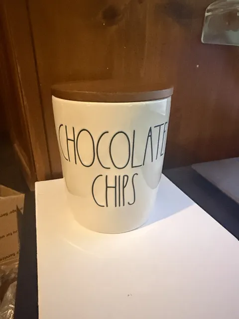 Rae Dunn Chocolate Chips Ceramic Canister With Wood Lid