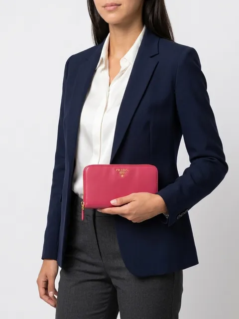Prada Saffiano Metal Zip Around Continental Wallet Pink Leather