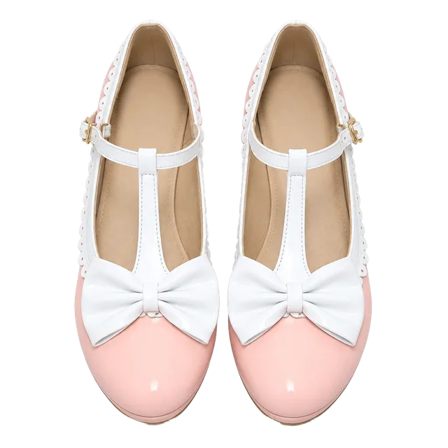 Pink And White Bow T-Strap Mary Jane Heels
