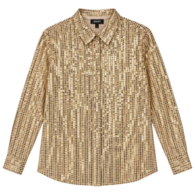 DKNY Sequin Button-Down Shirt Size S Gold Long Sleeve Top