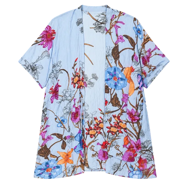 Women’s Blue Floral Kimono One Size Sheer Lightweight Boho Beach Cover Up