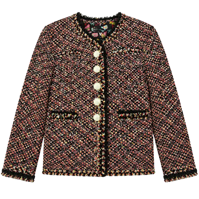 Rena Lange Tweed Blazer Multi Color Sequins Ruffle Trim Jacket