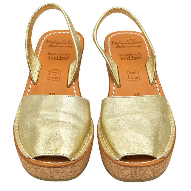 Palmas de Menorca Mibo Wedge Sandals Size 36 Gold Leather