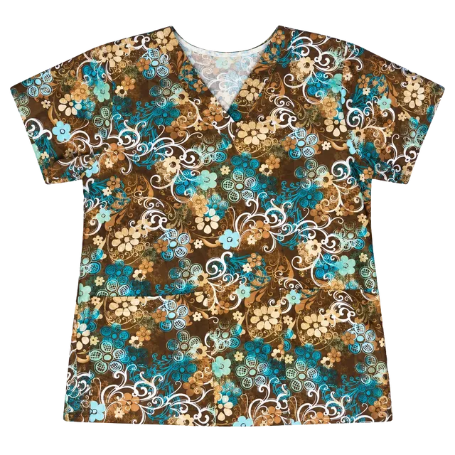 Tafford Floral Scrub Top Brown Teal V-Neck Short Sleeve