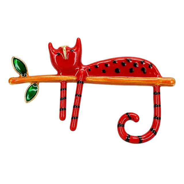 Red Cat On Branch Enamel Brooch Pin