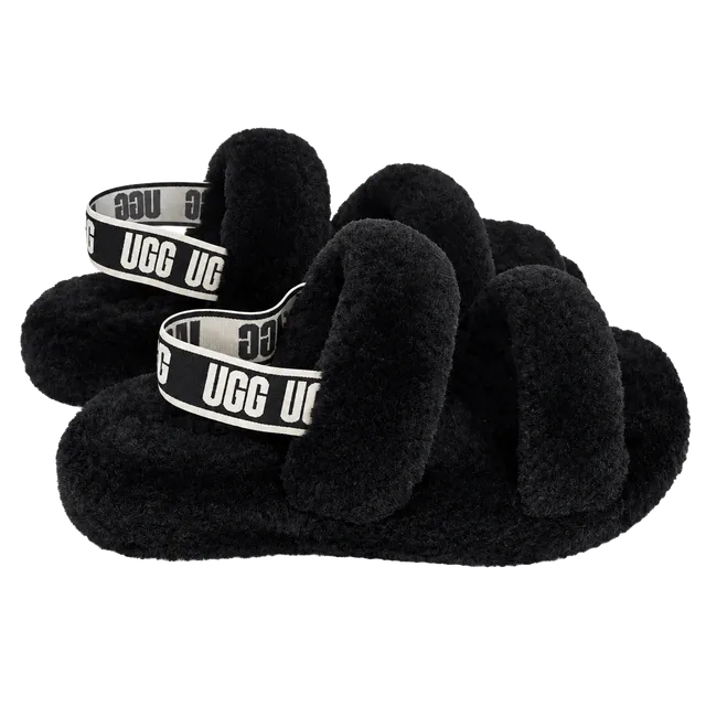 UGG Oh Yeah Slides Size 38 Black Sheepskin Logo Strap Slippers