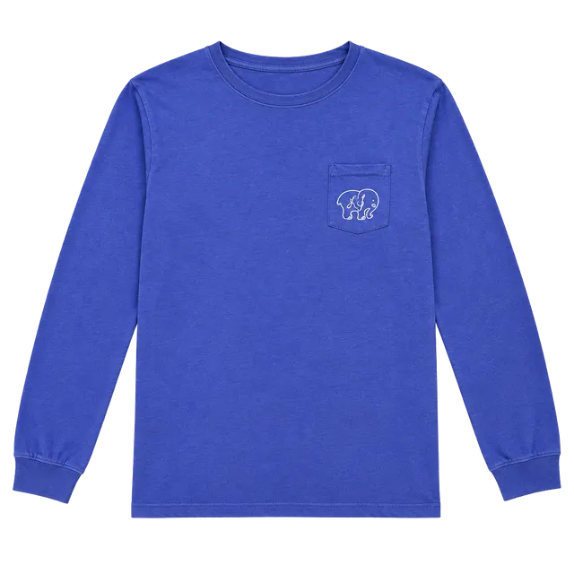ivory ella Women’s Long-Sleeve Pocket Tee in Periwinkle Blue Elephant Print
