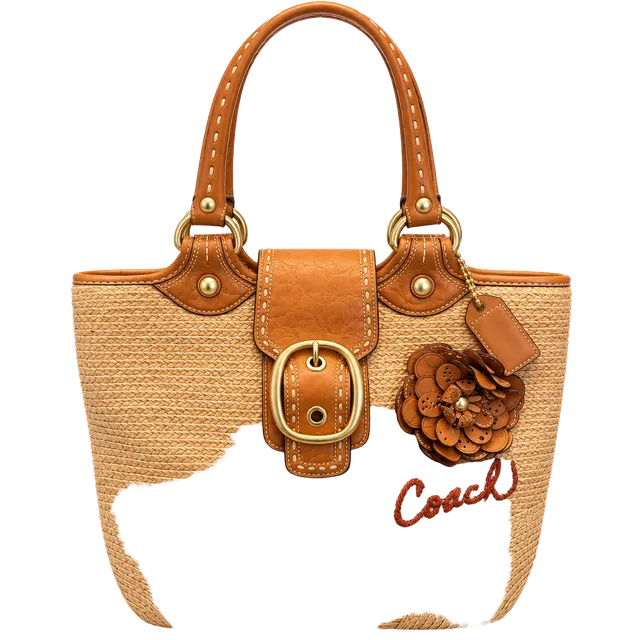 Coach Straw Leather Flower Tote Bag Tan