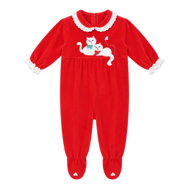 Vintage Baby Footed Sleeper 6-9 Months Red Cat Applique Ruffle Collar
