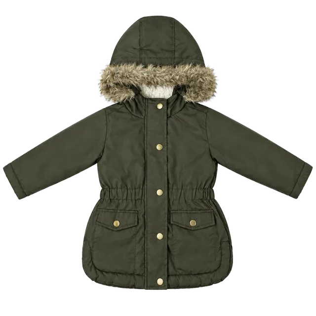 C&C California Winter Coat Size 3T Green Faux Fur Hood Parka Jacket