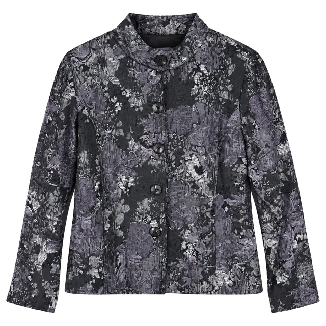 Chico's Jacquard Jacket Size 1 Black Gray Purple Floral Mandarin Collar
