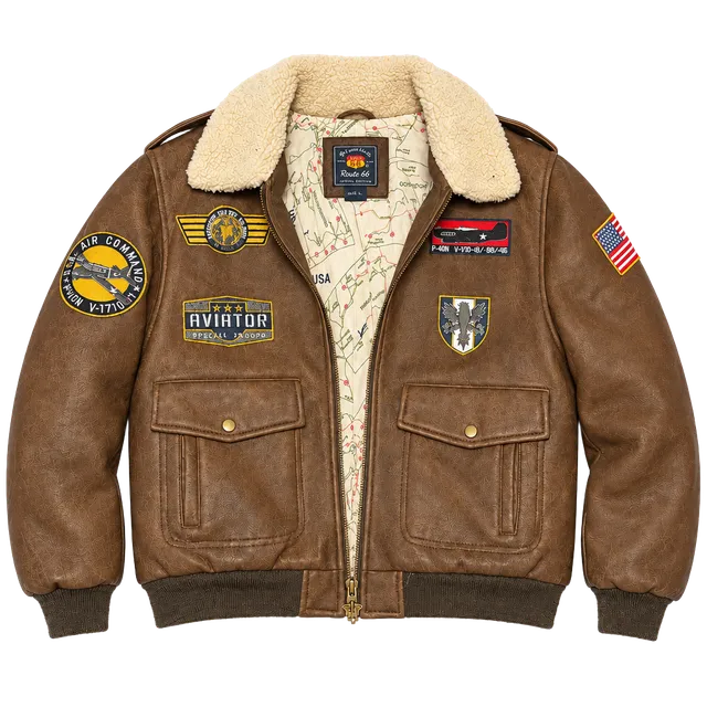 Kids Route 66 Aviator Bomber Jacket Size 8 medium Brown Faux Leather Patches