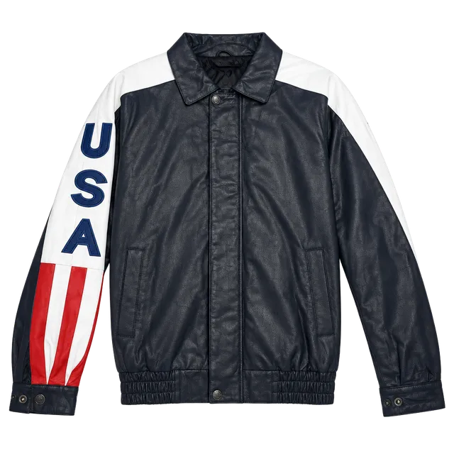 Oscar Piel Leather Jacket Size S USA Flag