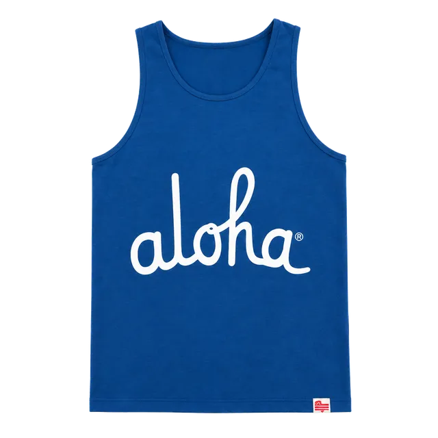 Aloha Army Tank Top Size Large Blue Script Logo Hawaiian Flag