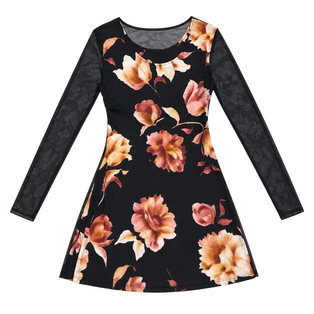 Vintage J.S.P. Y2K Floral Mesh Long Sleeve Mini Dress Black Brown Small