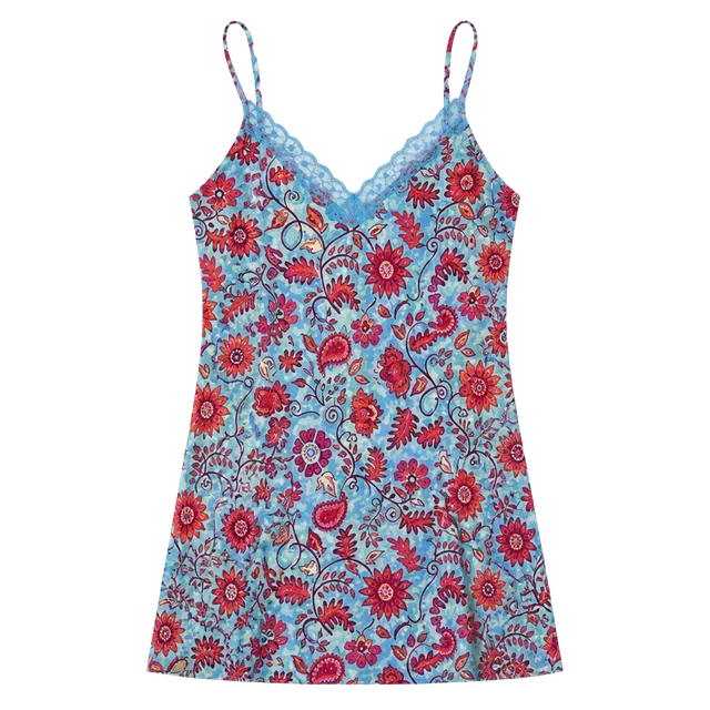 Delicates Women's Full Slip XL Satin Floral Blue Lace Trim Adjustable Straps