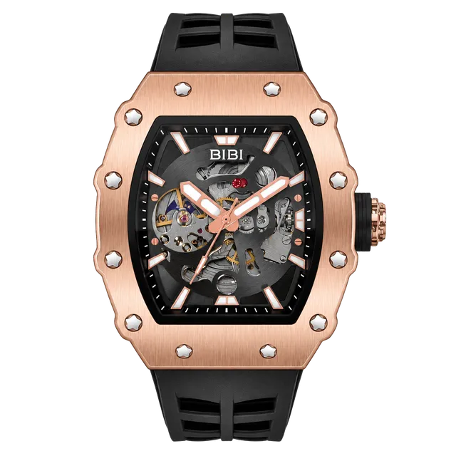 Bibi Automatic Mechanical Skeleton Tonneau Wristwatch Rose Gold