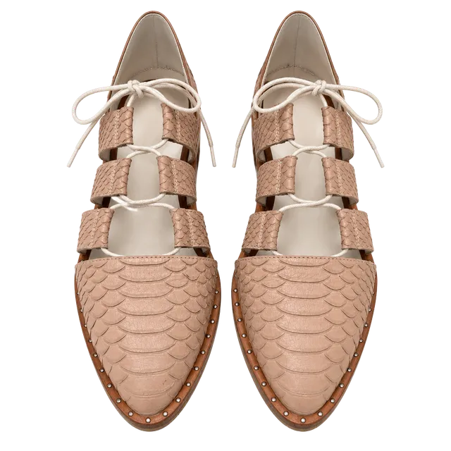 Freda Salvador Lace Up Snake Leather Flats Beige Brown Sandals