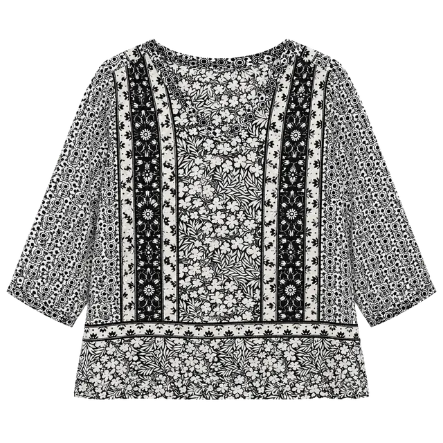 Old Navy Black & White Floral Border V-Neck Blouse