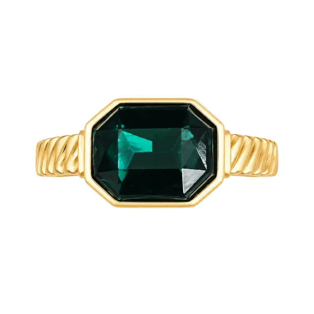 Gold Tone Emerald Cut Green Gemstone Statement Ring Size 7