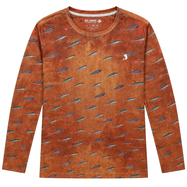 Reel Legends Reel-Tec Lure Print Long Sleeve Shirt Size L Orange Fishing