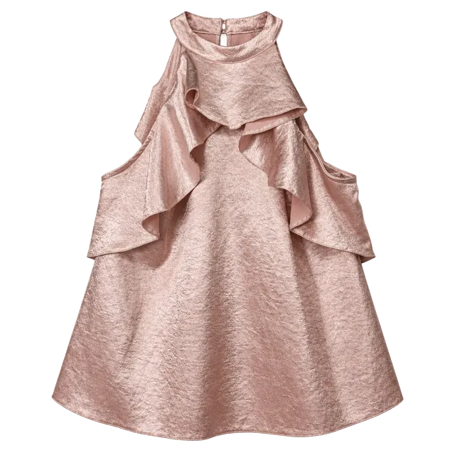 Miss Selfridge Metallic Halter Top Size US 8 Rose Gold Ruffle Sleeveless