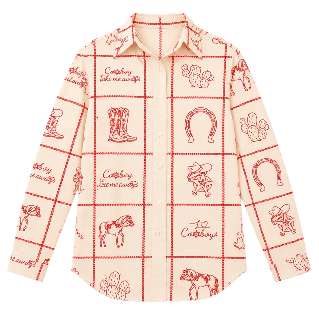 Mymore Cowboy Western Print Button Down Shirt Size S