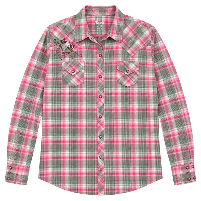 Rock 47 by Wrangler Western Plaid Shirt Size XL Pink Green Embroidered