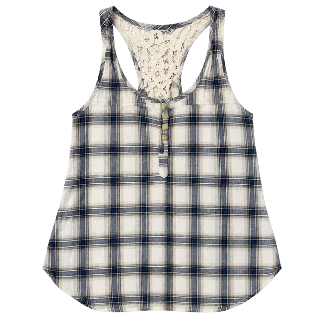 American Eagle Plaid Tank Top Blue White Button Front Crochet Lace Back