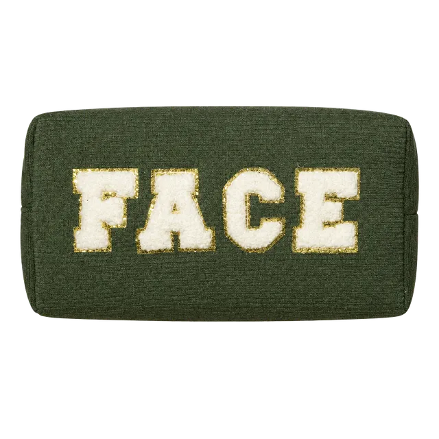 Face Corduroy Makeup Pouch Green Gold Letters