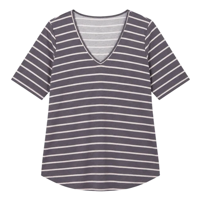 Torrid V-Neck Striped T-Shirt Size 1 Gray Pink Short Sleeve
