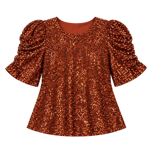 Anthropologie Copper Sequin Puff Sleeve Blouse Party Top Medium 