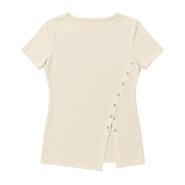 Mango Cotton T-Shirt with Slit Size S Cream Asymmetric Hem Snap Detail