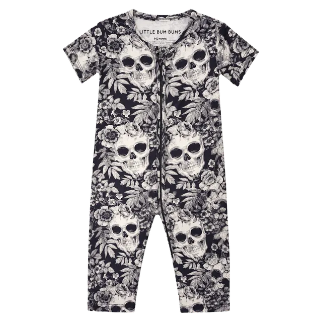 Little Bum Bums Short-Sleeve Size 9-12 Months Black White Floral Skull Romper