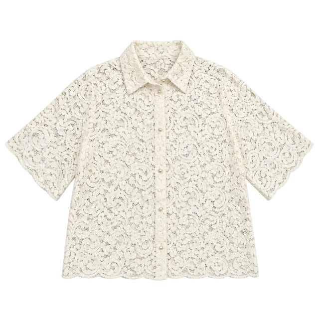 Joie Lace Short Sleeve Button Down Shirt Size L Cream