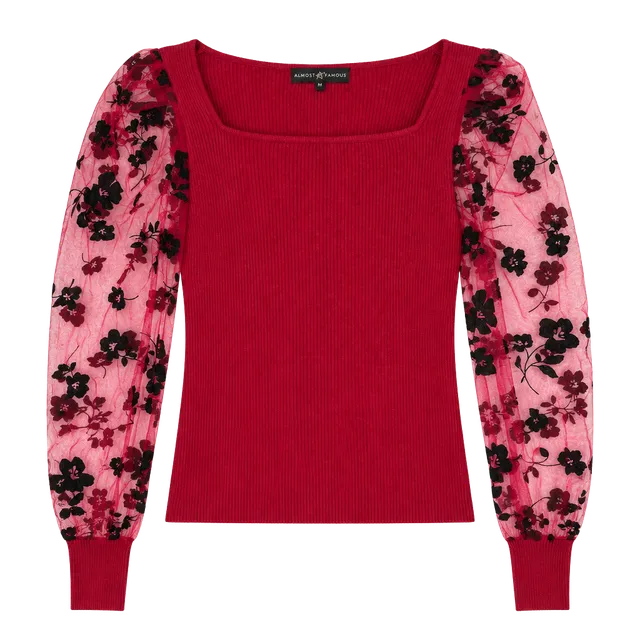 Almost Famous Sweater Size M Red Ribbed Knit Sheer Floral Mesh Sleeves