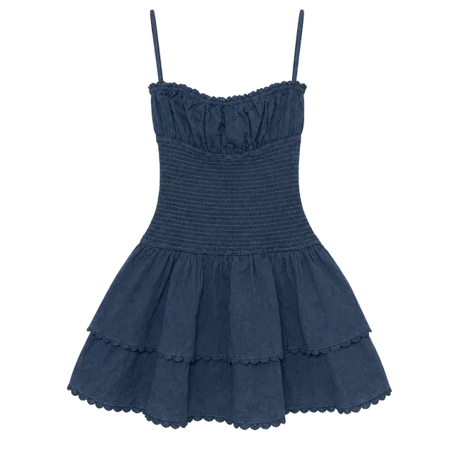 Sky to Moon Austin Ruffle Denim Dress Size L Blue Strapless Mini