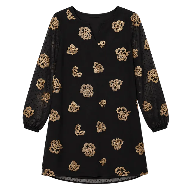 Cabi Embroidered Dress Size S Black Gold Floral Swiss Dot