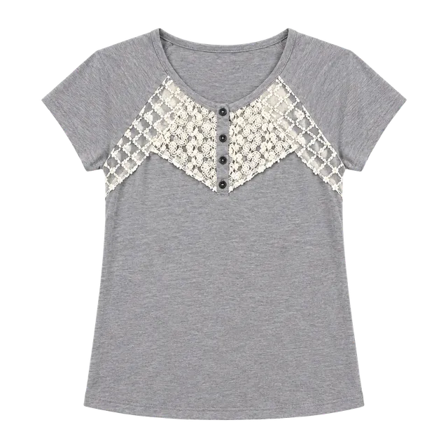 Demeanor Lace Yoke T-Shirt Size M Gray Short Sleeve Button Top