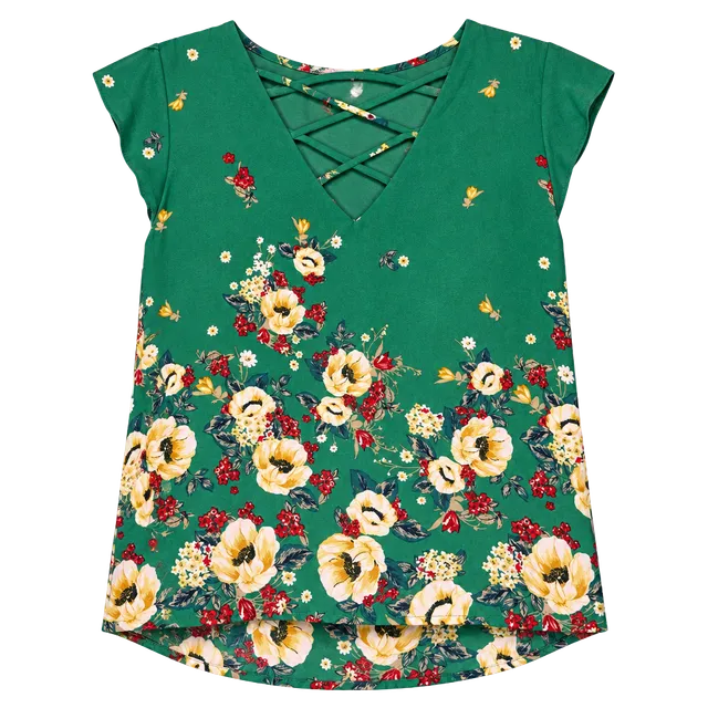 Crescent & Willoughby Blouse Size L Green Floral Criss Cross Neck