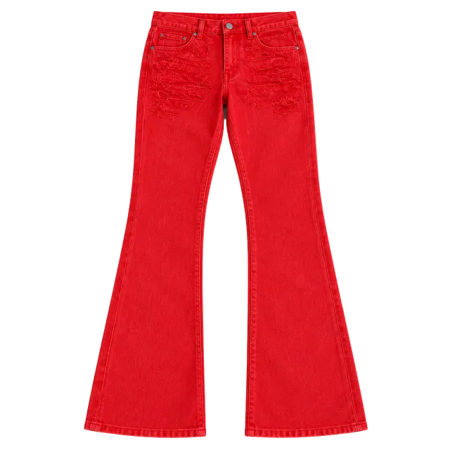 Fashion Nova Alex Distressed Dyed Stacked Slim Flare Jeans Size 32 Red
