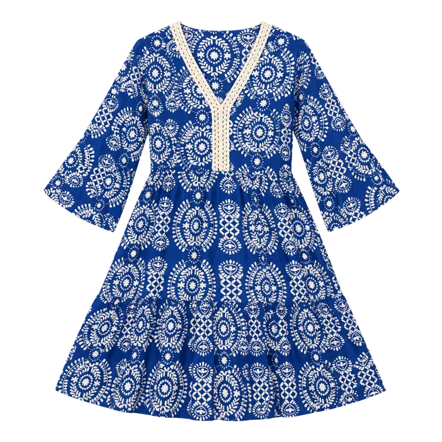 Saiph Dress Size M Blue White Printed Cotton Midi V-Neck Tiered